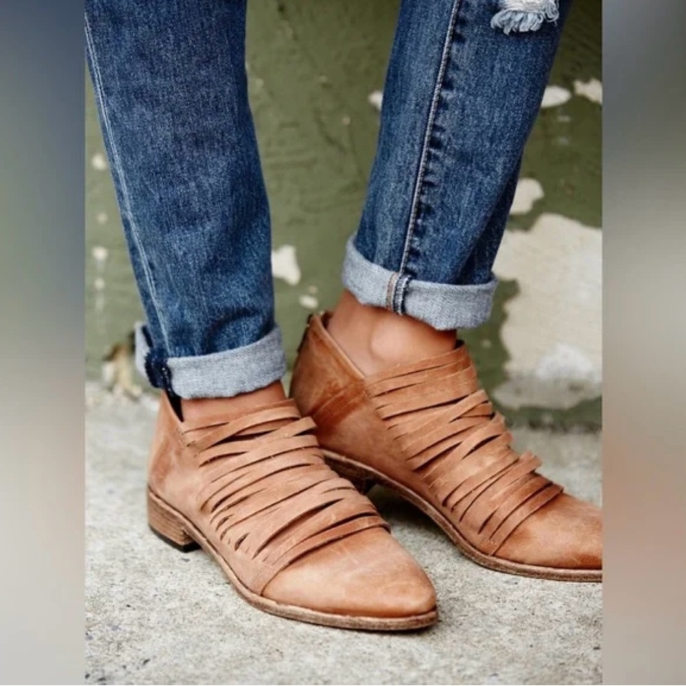 Free People Genuine Leather Lost Valley Ankle Boot Strappy Low Booties Tan